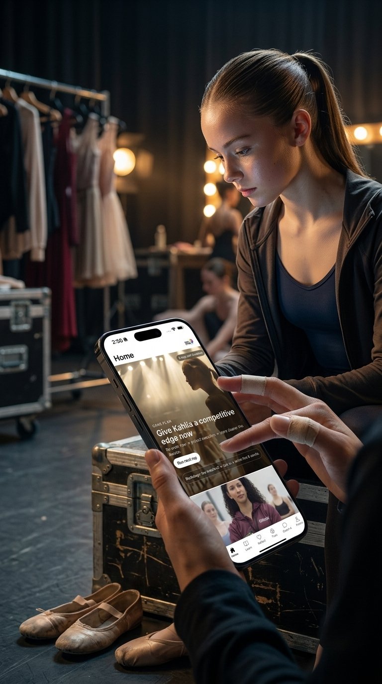 A dancer backstage using the Head To Heel app on a phone